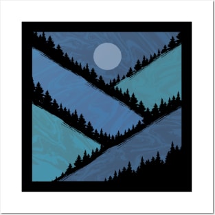 Forest Landscape Mountains Moon Posters and Art